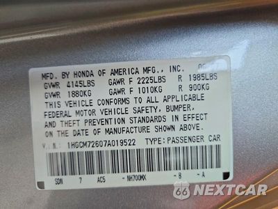 Zdjęcie 12 z 12 samochodu: 2007 HONDA ACCORD EX VIN:1HGCM72607A019522 - miniatura