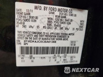 Zdjęcie 13 z 13 samochodu: 2012 FORD EDGE SEL VIN:2FMDK4JC0CBA61388 - miniatura