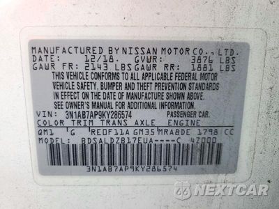 Zdjęcie 12 z 12 samochodu: 2019 NISSAN SENTRA SV VIN:3N1AB7AP9KY286574 - miniatura