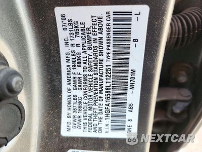 Zdjęcie 12 z 12 samochodu: 2008 HONDA CIVIC LX VIN:1HGFA16588L112251 - miniatura