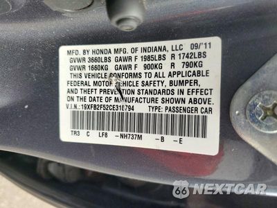 Zdjęcie 13 z 13 samochodu: 2012 HONDA CIVIC LX VIN:19XFB2F52CE310794 - miniatura