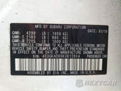 Zdjęcie 12 z 12 samochodu: 2019 SUBARU IMPREZA PREMIUM VIN:4S3GKAD6XK3612804 - miniatura