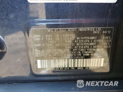 Zdjęcie 12 z 12 samochodu: 2012 SUBARU OUTBACK 2.5I VIN:4S4BRBAC1C3285387 - miniatura