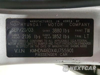 Zdjęcie 12 z 12 samochodu: 2004 HYUNDAI ELANTRA GLS VIN:KMHDN46DX4U755901 - miniatura