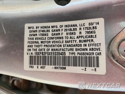 Zdjęcie 12 z 12 samochodu: 2014 HONDA CIVIC LX VIN:19XFB2F5XEE035405 - miniatura