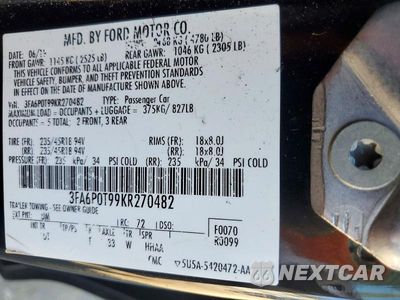 Zdjęcie 12 z 12 samochodu: 2019 FORD FUSION SE VIN:3FA6P0T99KR270482 - miniatura