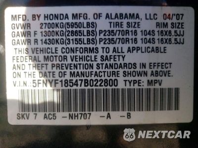 Zdjęcie 13 z 13 samochodu: 2007 HONDA PILOT EXL VIN:5FNYF18547B022800 - miniatura