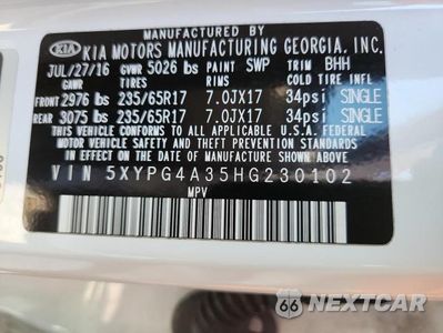 Zdjęcie 13 z 13 samochodu: 2017 KIA SORENTO LX VIN:5XYPG4A35HG230102 - miniatura