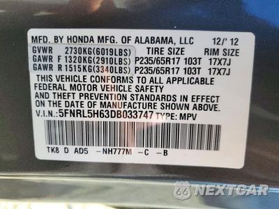 Zdjęcie 13 z 13 samochodu: 2013 HONDA ODYSSEY EXL VIN:5FNRL5H63DB033747 - miniatura