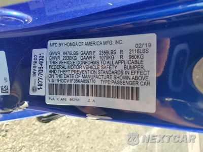 Zdjęcie 12 z 12 samochodu: 2019 HONDA ACCORD SPORT VIN:1HGCV1F36KA059770 - miniatura