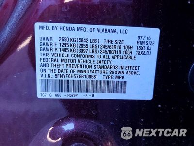 Zdjęcie 13 z 13 samochodu: 2016 HONDA PILOT EXL VIN:5FNYF6H57GB100581 - miniatura