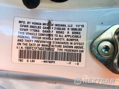 Zdjęcie 12 z 12 samochodu: 2016 HONDA CIVIC EXL VIN:19XFC1F74GE200652 - miniatura