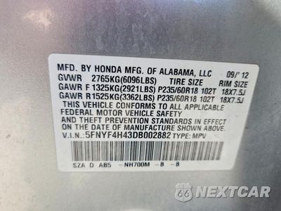 Zdjęcie 13 z 13 samochodu: 2013 HONDA PILOT EX VIN:5FNYF4H43DB002882 - miniatura