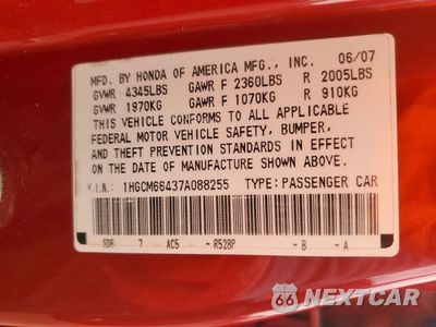 Zdjęcie 12 z 12 samochodu: 2007 HONDA ACCORD SE VIN:1HGCM66437A088255 - miniatura