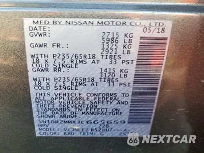Zdjęcie 14 z 14 samochodu: 2018 NISSAN PATHFINDER SV VIN:5N1DR2MMXJC665659 - miniatura