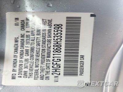 Zdjęcie 12 z 12 samochodu: 2008 HONDA CIVIC EX VIN:2HGFG11868H535598 - miniatura