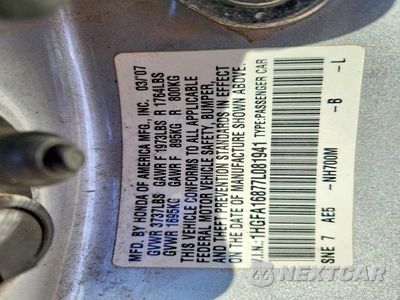 Zdjęcie 13 z 13 samochodu: 2007 HONDA CIVIC EX VIN:1HGFA16877L081941 - miniatura