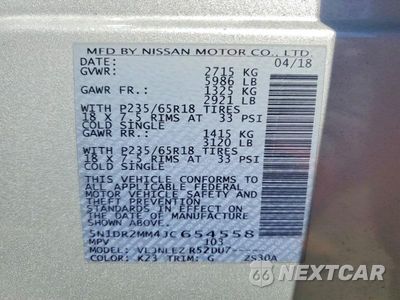 Zdjęcie 14 z 14 samochodu: 2018 NISSAN PATHFINDER SV VIN:5N1DR2MM4JC654558 - miniatura