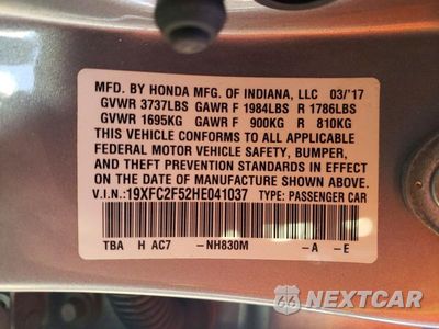Zdjęcie 12 z 12 samochodu: 2017 HONDA CIVIC LX VIN:19XFC2F52HE041037 - miniatura