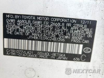 Zdjęcie 12 z 12 samochodu: 2012 LEXUS ES 350 VIN:JTHBK1EG9C2487396 - miniatura