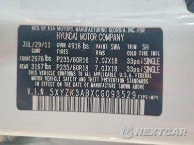 Zdjęcie 12 z 12 samochodu: 2012 HYUNDAI SANTA FE LIMITED VIN:5XYZK3ABXCG093529 - miniatura