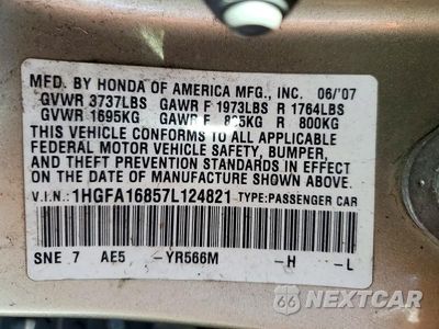 Zdjęcie 12 z 12 samochodu: 2007 HONDA CIVIC EX VIN:1HGFA16857L124821 - miniatura