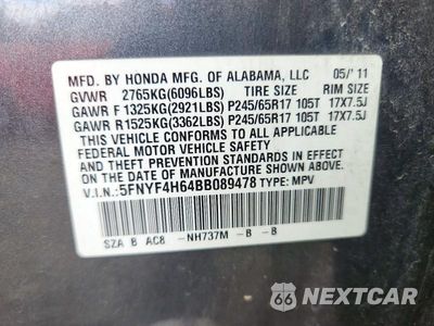 Zdjęcie 13 z 13 samochodu: 2011 HONDA PILOT EXL VIN:5FNYF4H64BB089478 - miniatura