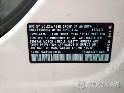 Zdjęcie 12 z 12 samochodu: 2012 VOLKSWAGEN PASSAT SE VIN:1VWBP7A34CC030415 - miniatura