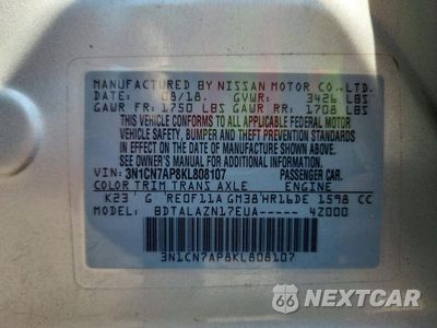Zdjęcie 12 z 12 samochodu: 2019 NISSAN VERSA S PLUS VIN:3N1CN7AP8KL808107 - miniatura