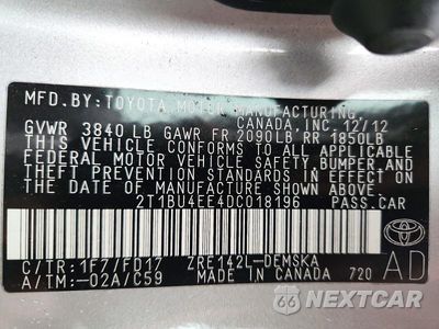 Zdjęcie 13 z 13 samochodu: 2013 TOYOTA COROLLA S VIN:2T1BU4EE4DC018196 - miniatura