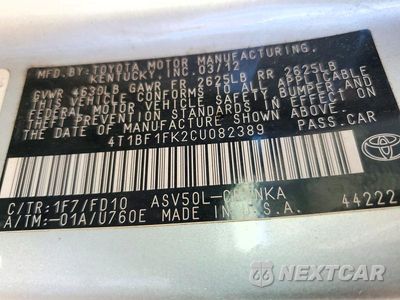 Zdjęcie 12 z 12 samochodu: 2012 TOYOTA CAMRY LE VIN:4T1BF1FK2CU082389 - miniatura