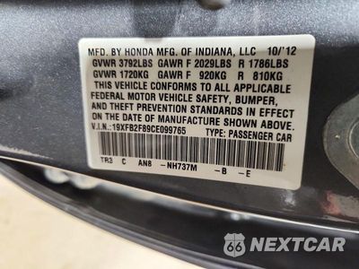 Zdjęcie 12 z 12 samochodu: 2012 HONDA CIVIC EX VIN:19XFB2F89CE099765 - miniatura