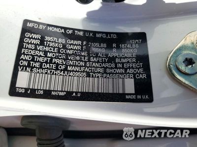 Zdjęcie 13 z 13 samochodu: 2018 HONDA CIVIC EX VIN:SHHFK7H54JU409505 - miniatura