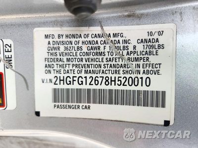 Zdjęcie 12 z 12 samochodu: 2008 HONDA CIVIC LX VIN:2HGFG12678H520010 - miniatura