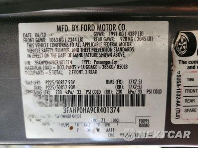 Zdjęcie 12 z 12 samochodu: 2012 FORD FUSION SE VIN:3FAHP0HA9CR401374 - miniatura