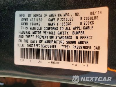 Zdjęcie 13 z 13 samochodu: 2014 HONDA ACCORD EX VIN:1HGCR2F78EA308698 - miniatura