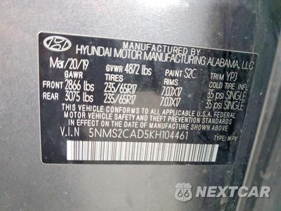 Zdjęcie 13 z 13 samochodu: 2019 HYUNDAI SANTA FE VIN:5NMS2CAD5KH104461 - miniatura
