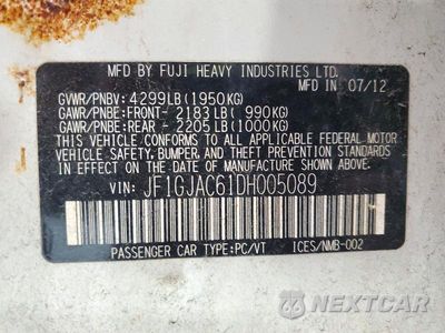Zdjęcie 13 z 13 samochodu: 2013 SUBARU IMPREZA PREMIUM VIN:JF1GJAC61DH005089 - miniatura