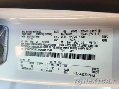Zdjęcie 13 z 13 samochodu: 2016 FORD ESCAPE SE VIN:1FMCU0GX1GUB51867 - miniatura