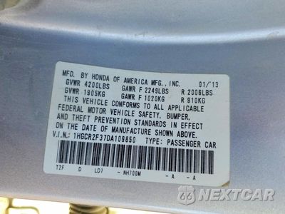 Zdjęcie 12 z 12 samochodu: 2013 HONDA ACCORD LX VIN:1HGCR2F37DA109850 - miniatura