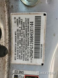 Zdjęcie 12 z 12 samochodu: 2008 HONDA CIVIC VIN:2HGFG12668H531144 - miniatura