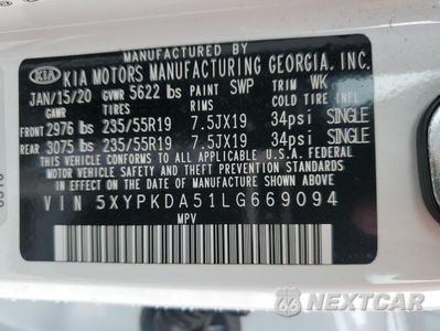 Zdjęcie 14 z 14 samochodu: 2020 KIA SORENTO SX VIN:5XYPKDA51LG669094 - miniatura