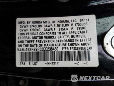 Zdjęcie 12 z 12 samochodu: 2014 HONDA CIVIC LX VIN:19XFB2F55EE238430 - miniatura