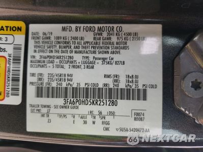 Zdjęcie 12 z 12 samochodu: 2019 FORD FUSION SE VIN:XFA6P0HD5KR251280 - miniatura