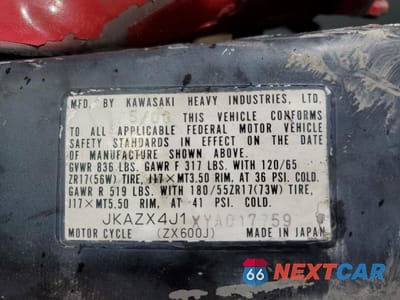 Zdjęcie 8 z 9 samochodu: 2000 KAWASAKI ZX600 J1 VIN:JKAZX4J1XYA017759 - miniatura