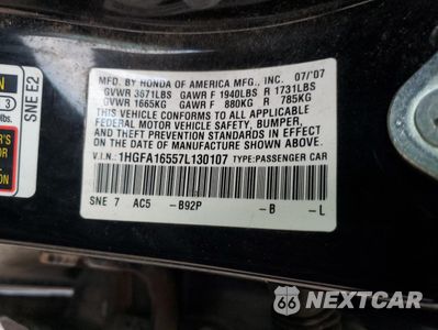 Zdjęcie 12 z 12 samochodu: 2007 HONDA CIVIC LX VIN:1HGFA16557L130107 - miniatura