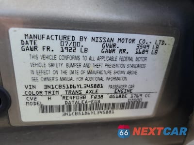 Zdjęcie 12 z 12 samochodu: 2000 NISSAN SENTRA BASE VIN:3N1CB51D6YL345881 - miniatura