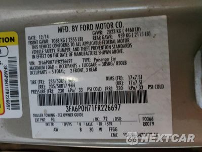Zdjęcie 12 z 12 samochodu: 2015 FORD FUSION SE VIN:3FA6P0H71FR226697 - miniatura