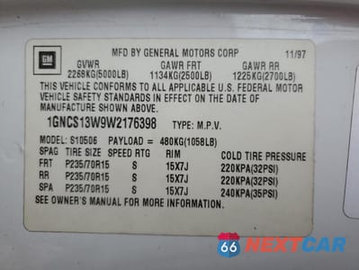 Zdjęcie 15 z 15 samochodu: 1998 CHEVROLET BLAZER VIN:1GNCS13W9W2176398 - miniatura