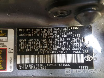 Zdjęcie 12 z 14 samochodu: 2012 TOYOTA CAMRY BASE VIN:4T4BF1FK8CR273420 - miniatura